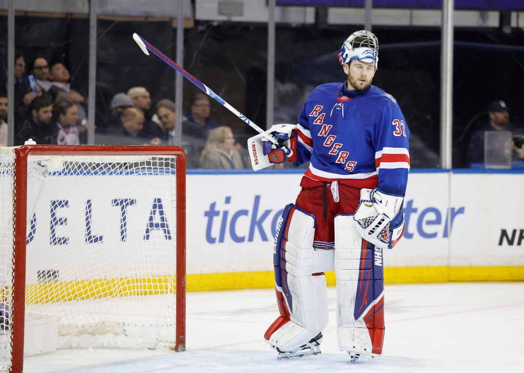 New York Rangers goaltender Jonathan Quick reacts in front of the net during the second period at Madison Square Garden in New York, New York, Monday, January 14, 2026.