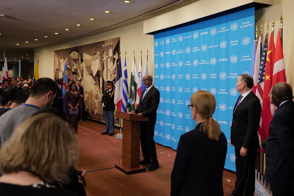 Somali UN Ambassador Abukar Dahir Osman speaking at a flag installation ceremony.
