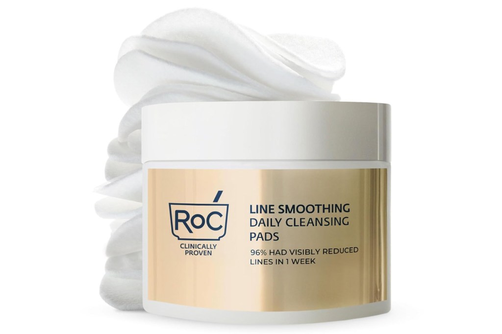 RoC Line Smoothing Daily Cleansing Pads with "96% had visibly reduced lines in 1 week" text.