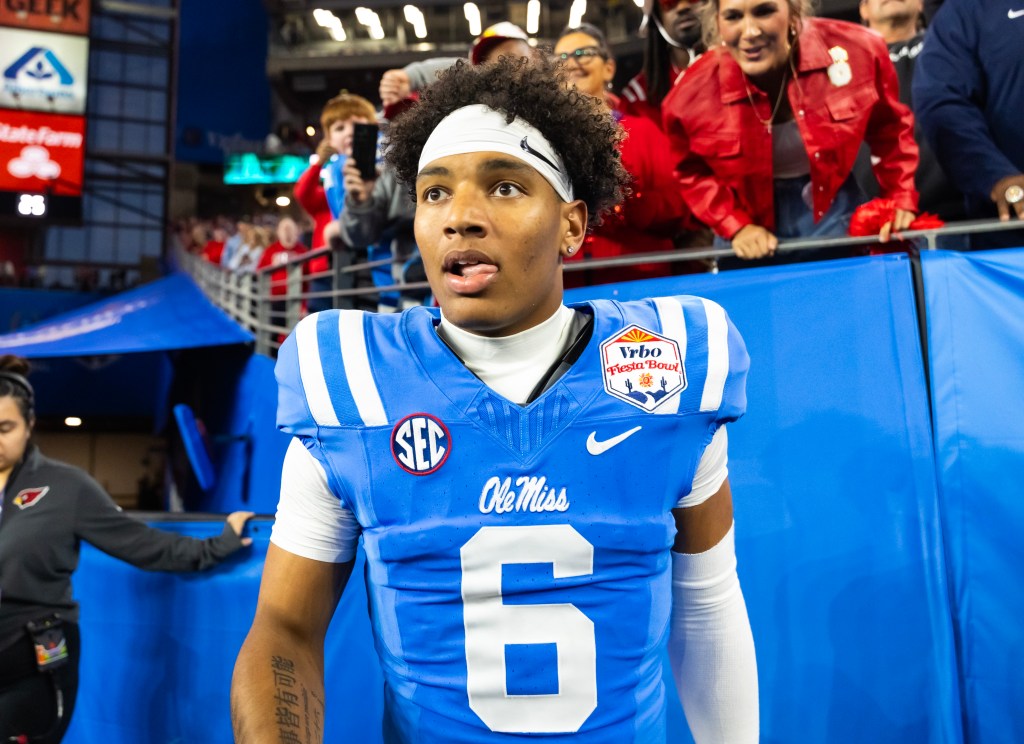 Mississippi Rebels quarterback Trinidad Chambliss (6) against the Miami Hurricanes during the 2026 Fiesta Bowl and semifinal game of the College Football Playoff at State Farm Stadium.