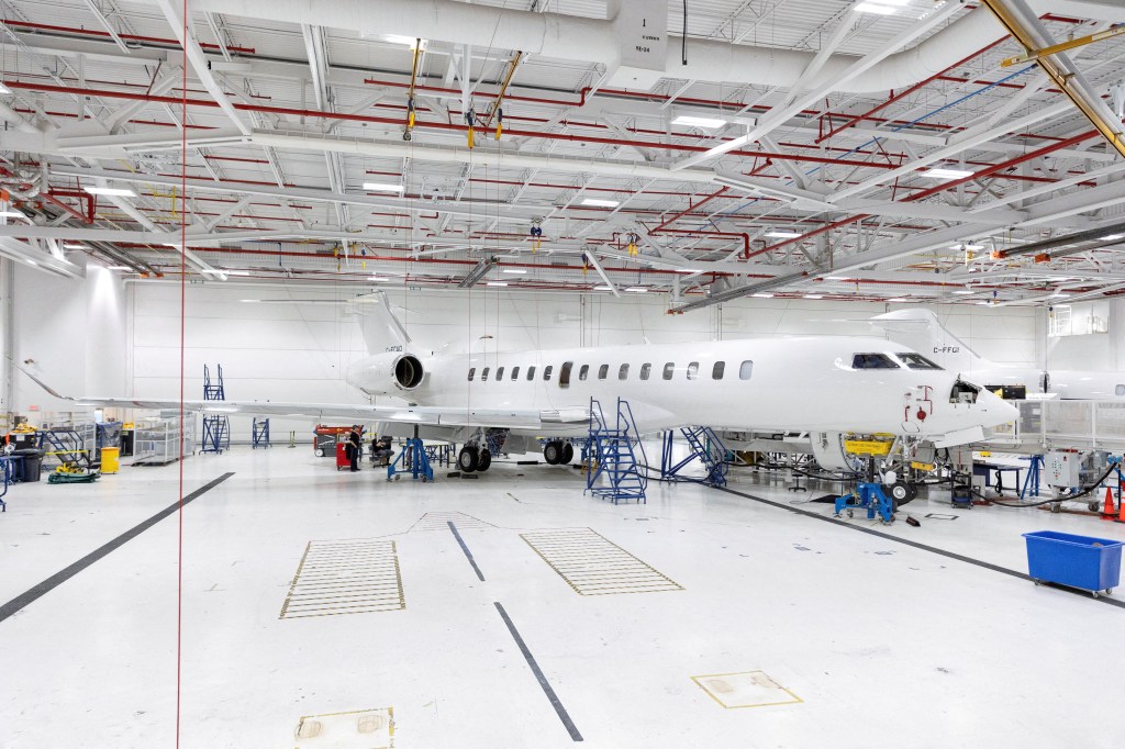 A Bombardier Global 7500 aircraft undergoing completion at a Montreal center.