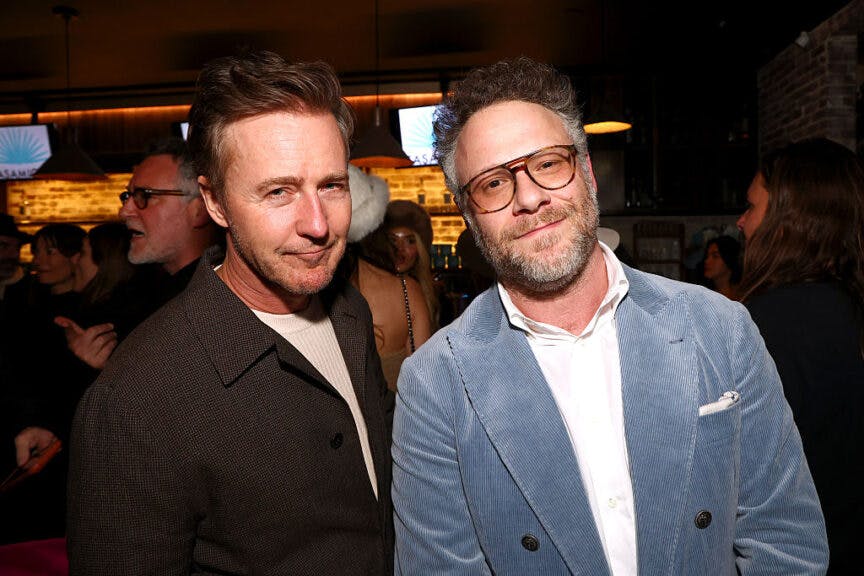 PARK CITY, UTAH - JANUARY 24: Edward Norton (L) and Seth Rogen attend The Invite After Party with Casamigos at The Cabin On Main Street, Sundance Film Festival 2026 on January 24, 2026 in Park City, Utah. (Photo by Tommaso Boddi/Getty Images for Casamigos)