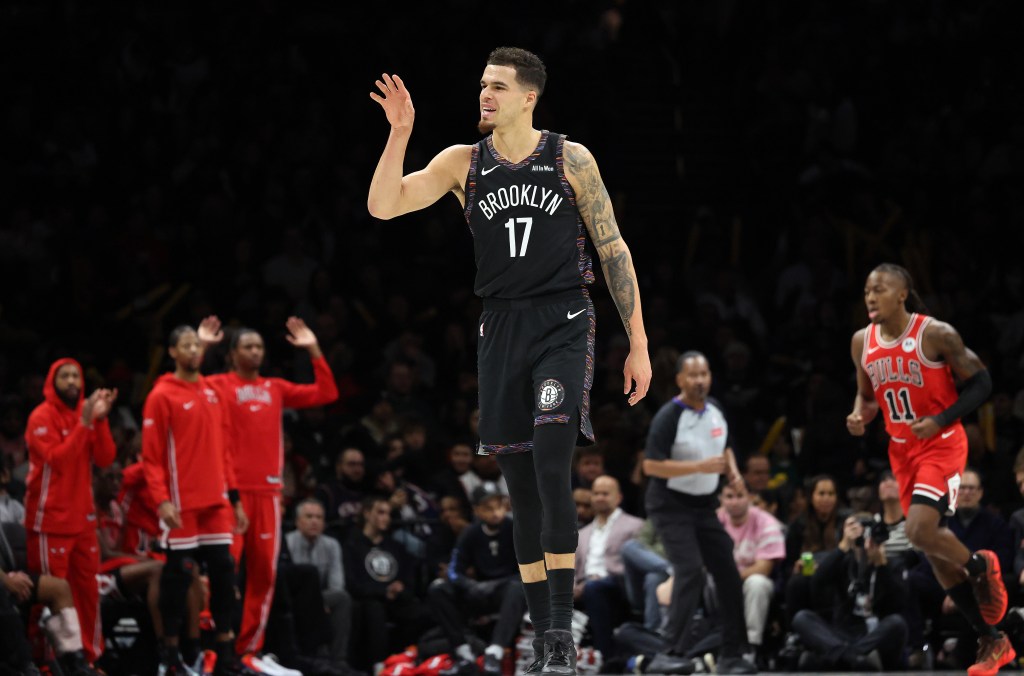 Michael Porter Jr. of the Brooklyn Nets reacts after scoring against the Chicago Bulls.