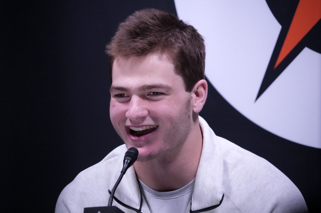 Patriots quarterback Drake Maye talks to the media on Feb. 2, 2026 during opening night for the Super Bowl week.