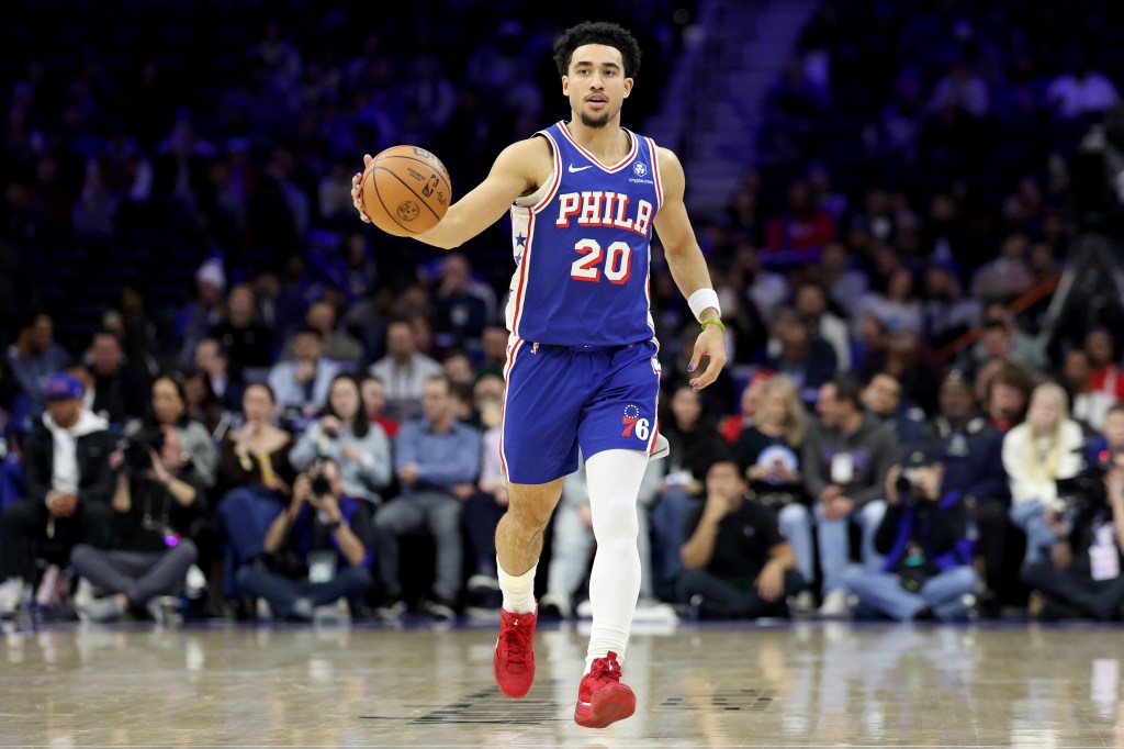 Isaiah Joe dribbles the basketball during a game between the Cleveland Cavaliers and the Philadelphia 76ers.
