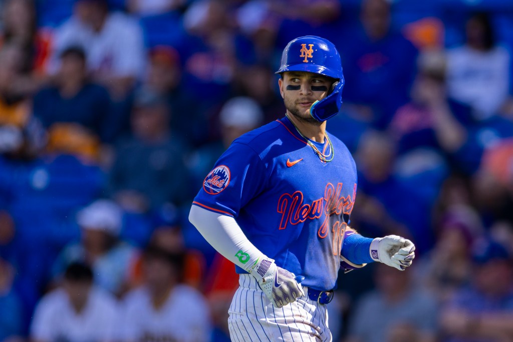 New York Mets' Bo Bichette (19) grounds out in the fourth inning against the Washington Nationals during Spring Training Clover Field, Saturday, Feb. 28, 2026, in Port St. Lucie.