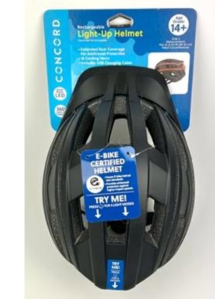 Concord Light-Up Helmet in black packaging, marked as "E-BIKE CERTIFIED HELMET".