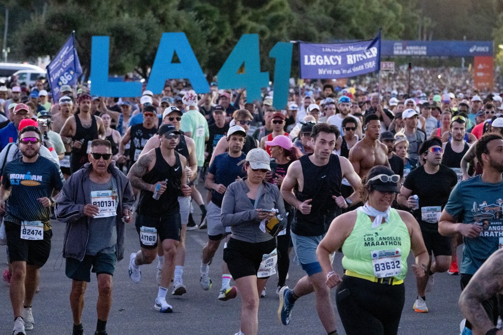 Runners depart Dodger Stadium for the 41st Los Angeles Marathon.