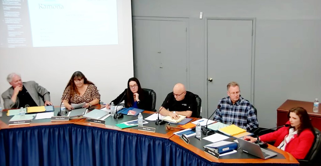 Six people, four men and two women, seated at a U-shaped table with nameplates.