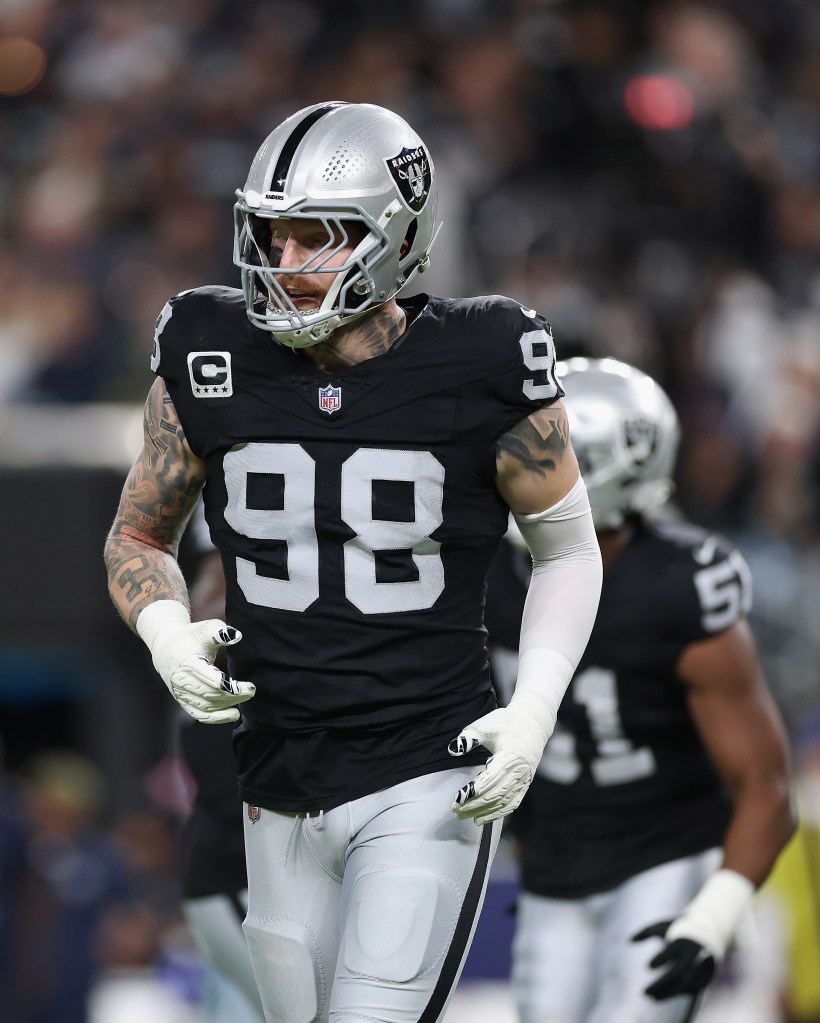 Maxx Crosby #98 of the Las Vegas Raiders during the NFL game at Allegiant Stadium on November 17, 2025 in Las Vegas, Nevada.