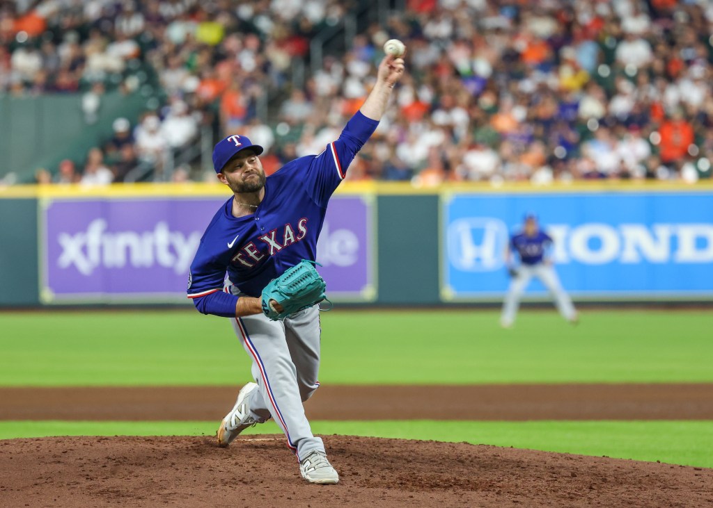 Texas Rangers relief pitcher Danny Coulombe (54) throws a pitch in the bottom of the fifth inning during the MLB game between the Texas Rangers and Houston Astros on September 16, 2026 at Daikin Park in Houston, Texas.  