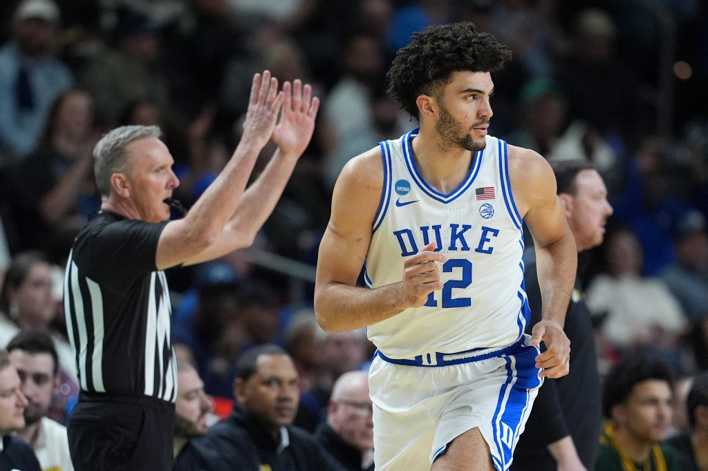 Duke Blue Devils forward Cameron Boozer (12) reacts to a call during the first round of the 2026 NCAA Tournament.
