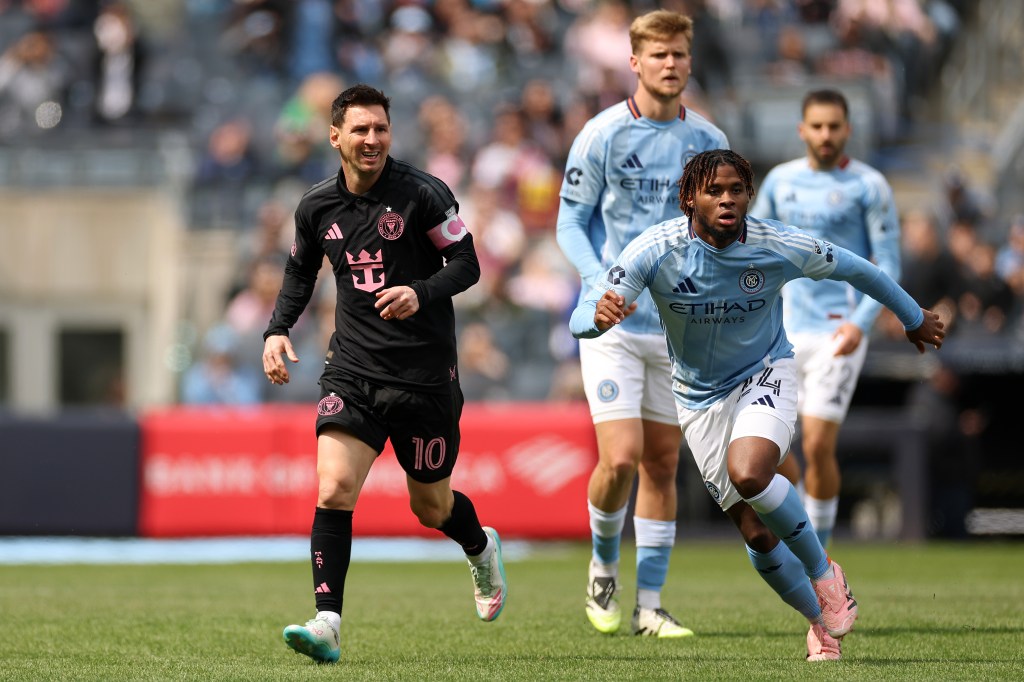 Lionel Messi reacts during the MLS match between New York City FC and Inter Miami CF at Yankee Stadium on March 22, 2026 in New York, New York.