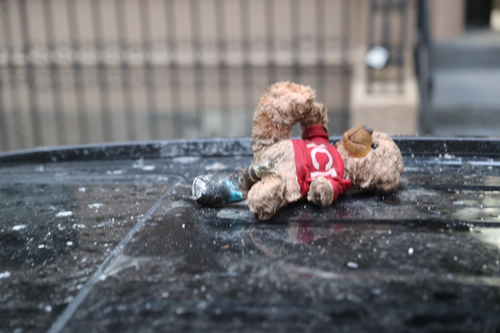 Charred teddy bear on the roof of an SUV.