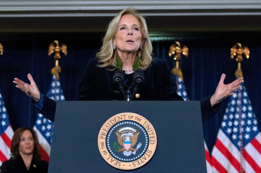 First lady Jill Biden speaks at the Democratic National Committee's Holiday Reception at Willard Hotel in Washington, Dec. 15, 2024.