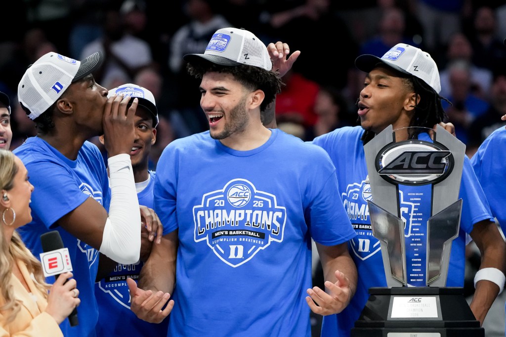 Cameron Boozer (center) was named the MVP of the ACC Tournament after Duke's title-clinching win over Virginia on March 14, 2026.