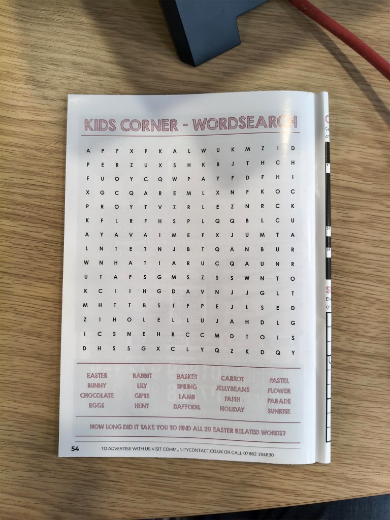 A word search puzzle that supposedly contains 20 Easter-related words, but the words are not visible in the grid.