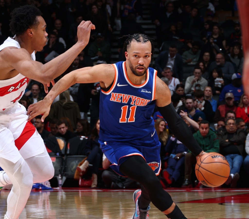 Jalen Brunson, who scored a team-high 26 points, drives to the basket during the Knicks' 111-95 blowout road win over Raptors on March 3, 2026.