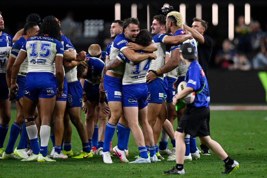 Canterbury Bulldogs players celebrate after their 15-14 win over the St. George Illawarra Dragons in a sudden death drop goal in the second overtime on Feb. 28, 2026 in Las Vegas.