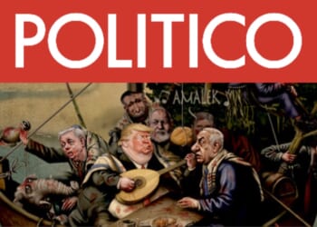 Politico Publishes Cartoon Depicting Trump, Republicans Wearing Blood-Covered Jewish Prayer Shawls, Yarmulkes Amid Bags of Money