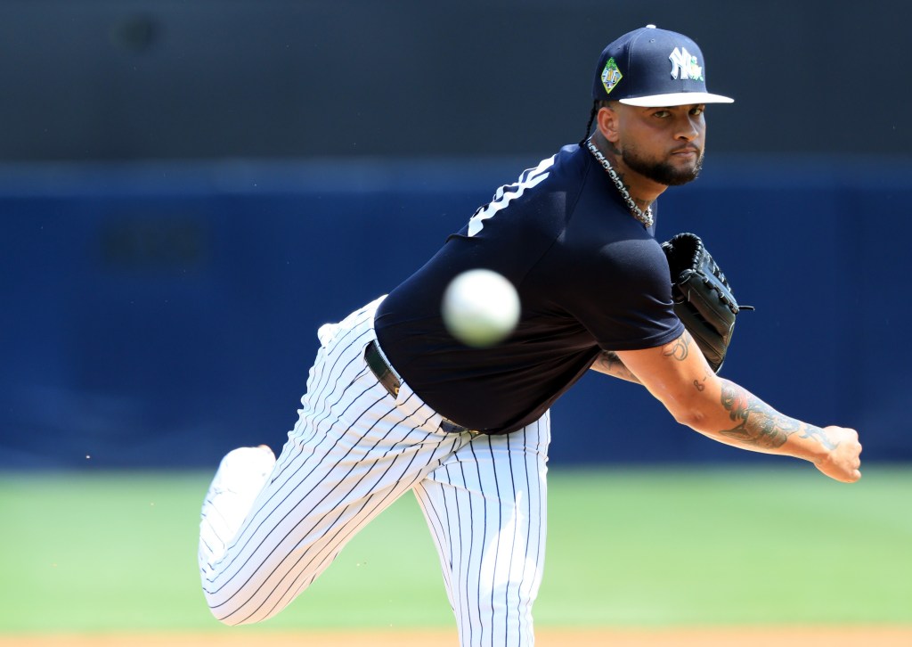 Luis Gil, throwing a pitch in his previous outing, threw five scoreless innings in the Yankees' 3-1 spring training win over the Orioles on March 20, 2026 at Steinbrenner Field.