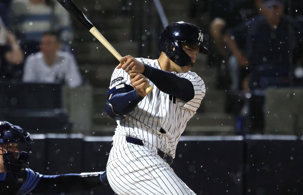 Trent Grisham belts a two-run single in the second inning of the Yankees' 3-0 spring training win over the Rays at George M. Steinbrenner Field on March 6, 2026.
