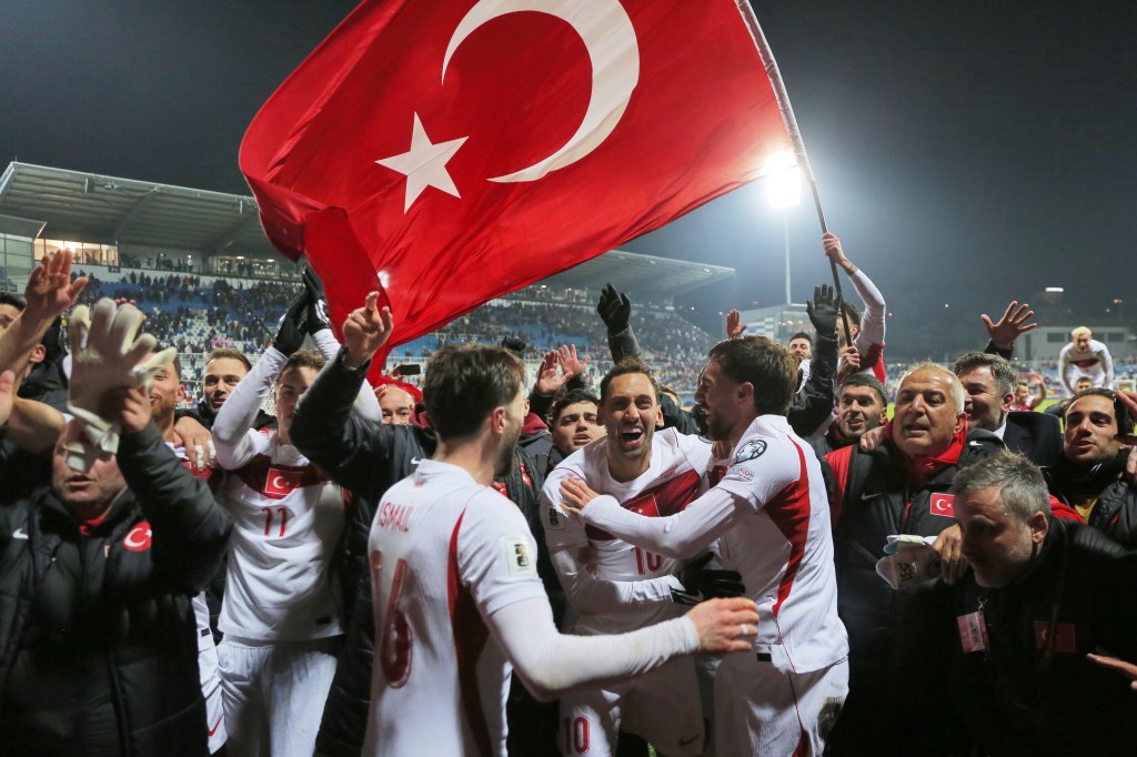Turkey's players and staff celebrate winning the World Cup qualifying playoff final soccer match.