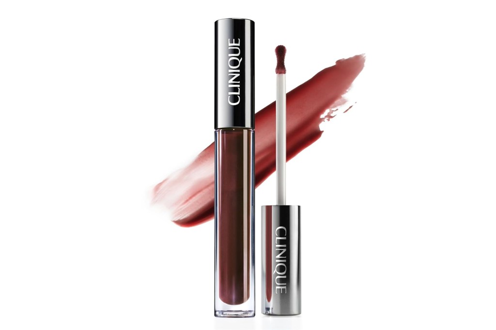 Clinique lip gloss tube and applicator with a matching red-brown swatch.