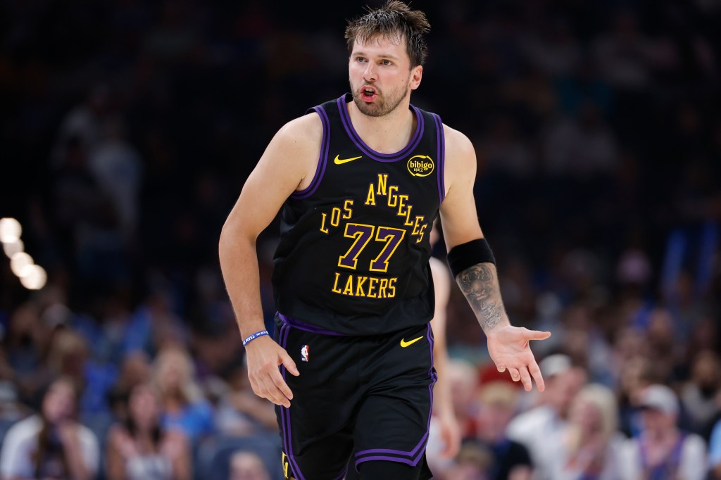Los Angeles Lakers guard Luka Doncic reacting during a game against the Oklahoma City Thunder.