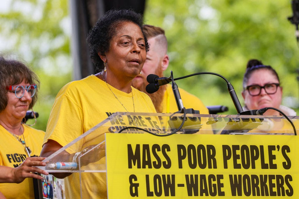 WASHINGTON, DC - JUNE 29: Sharon Lavigne speaks during the Mass Poor People's & Low-Wage Workers' Assembly & Moral March On Washington DC & To The Polls on Pennsylvania Ave on June 29, 2024 in Washington, DC. 