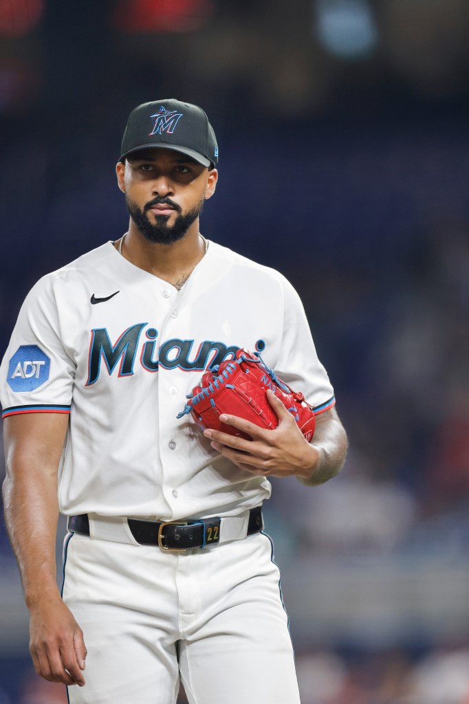 Sandy Alcantara #22 of the Miami Marlins walks to the dugout following the eighth inning against the Cincinnati Reds at loanDepot park on April 07, 2026 in Miami, Florida. 