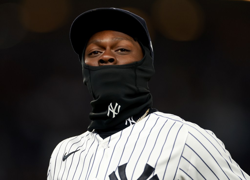 Jazz Chisholm Jr. tries to stay warm during the Yankees' 5-3 comeback night win over the A's on April 7, 2026 at the Stadium.