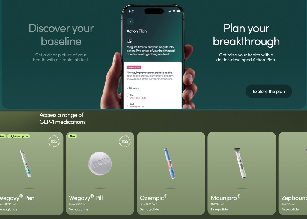 Screenshot of a mobile app showing an action plan to improve metabolic health and a selection of GLP-1 medications like Wegovy, Ozempic, Mounjaro, and Zepbound.