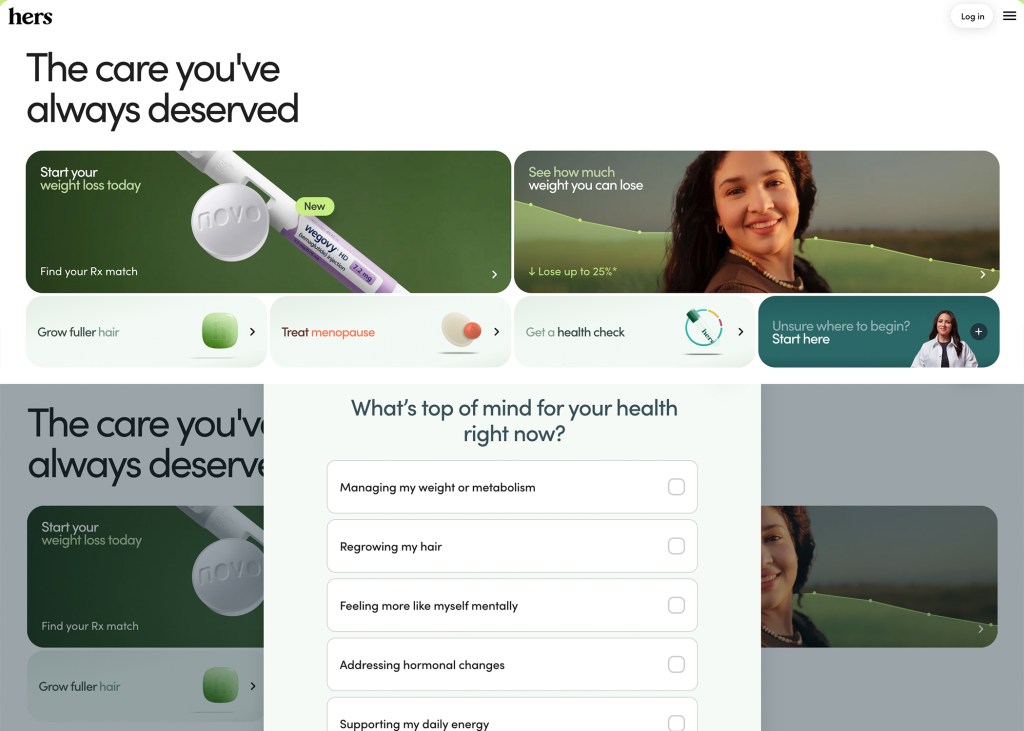 Homepage for a women's health platform with sections for weight loss, hair growth, menopause treatment, health checks, and a questionnaire about health concerns.