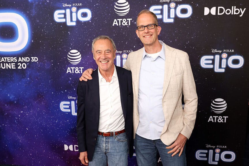 LOS ANGELES, CALIFORNIA - JUNE 10: (L-R) Jim Morris, President, Pixar and Pete Docter, CCO, Pixar attend the World Premiere of Disney and Pixar's "Elio" at El Capitan Theatre on June 10, 2025 in Los Angeles, California. (Photo by Jesse Grant/Getty Images for Disney/Pixar)