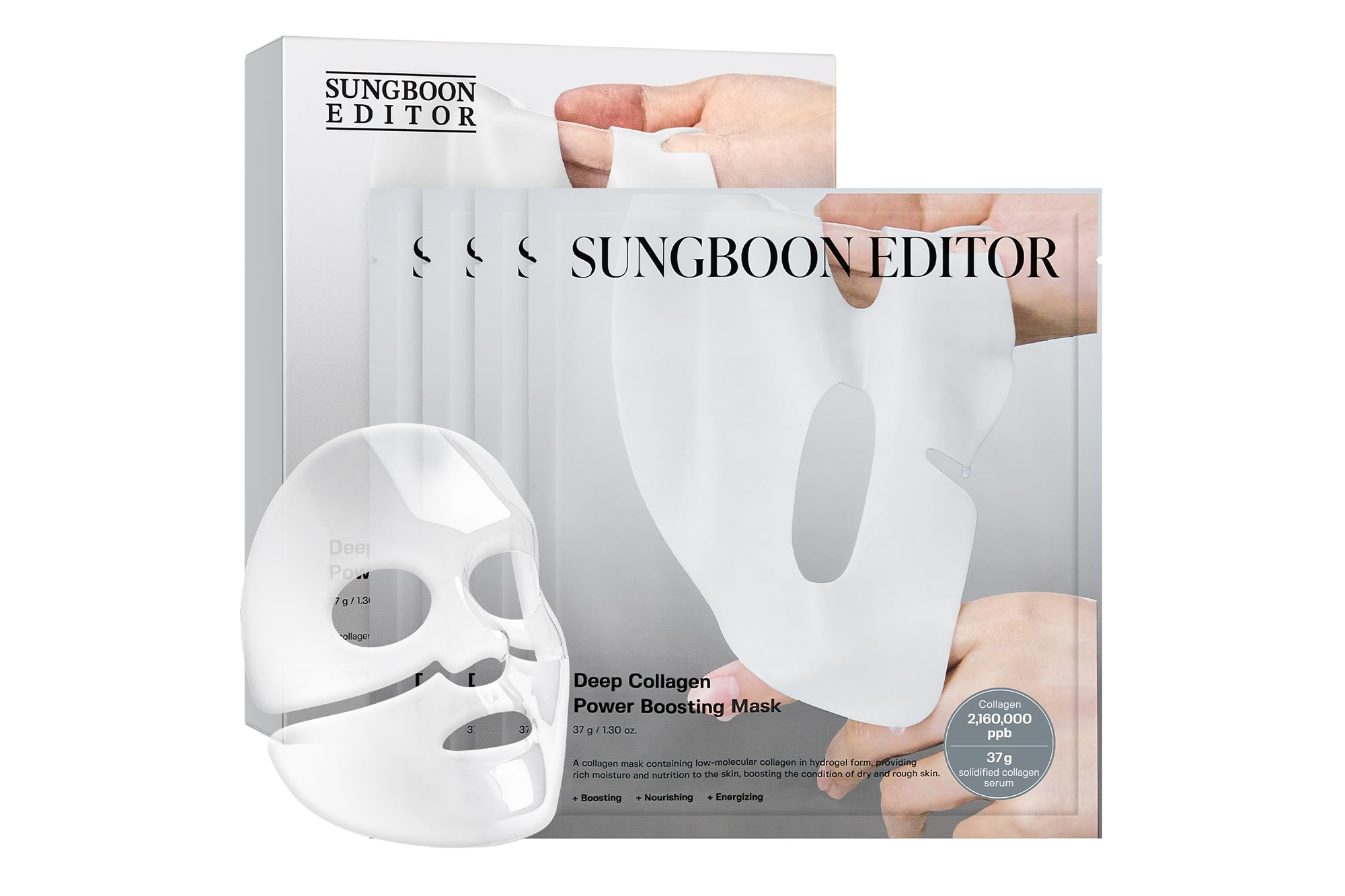 Collage of Sungboon Editor Collagen Boosting Mask packaging and face mask.