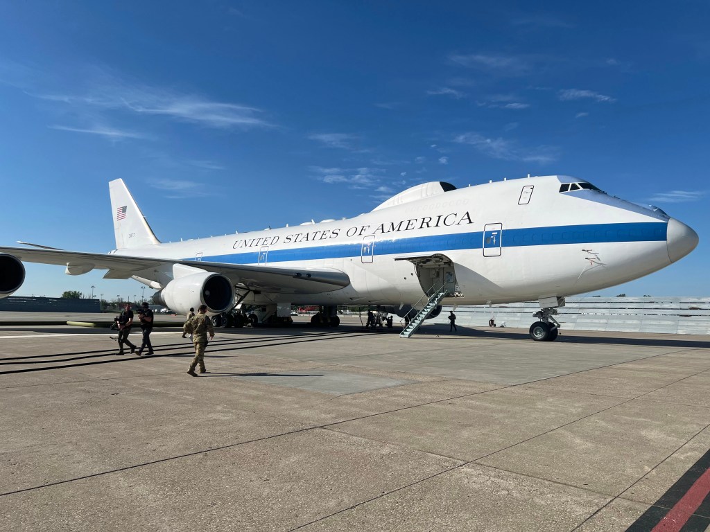 595th Aircraft Maintenance Squadron maintainers prepare the E-4B for flight as a visiting documentary production team loads onto the Nightwatch to film a local training sortie and air refueling mission from Offutt Air Force Base, Neb., May 15, 2024.