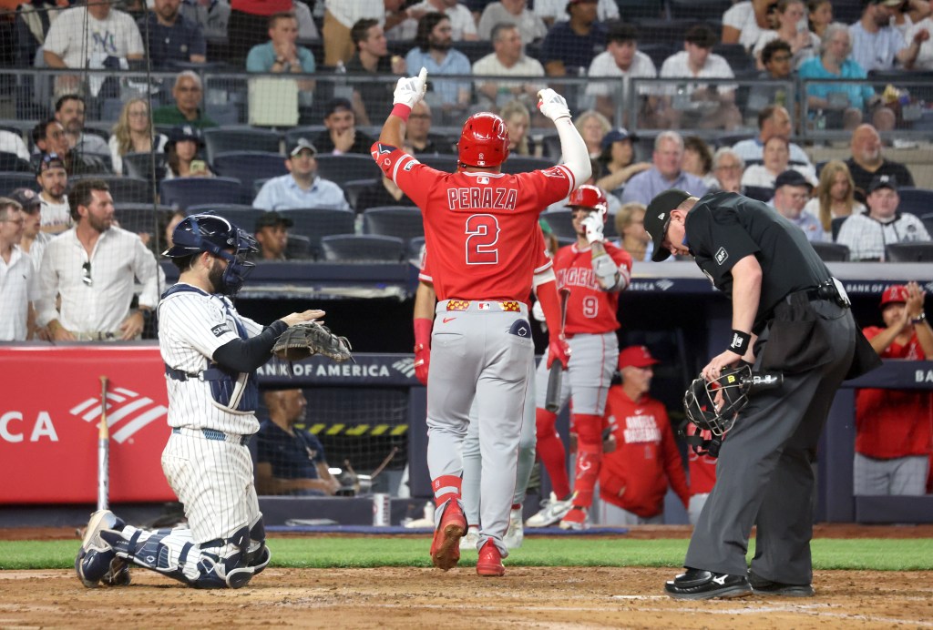 Oswald Peraz celebrates after rounding the bases on his solo home run in the fourth inning of the Yankees' 7-1 loss to the Angels on April 14, 2026 at the Stadium.