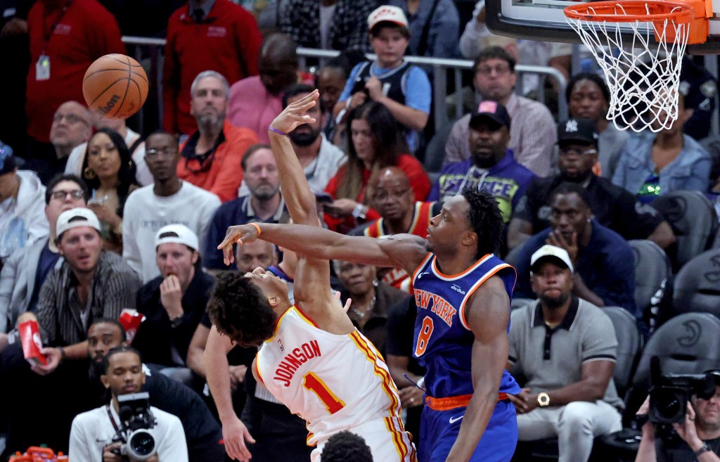 OG Anunoby blocks Jalen Johnson's shot during the third quarter of the Knicks' 114-98 Game 4 win over the Hawks on April 25  2026 in Atlanta.