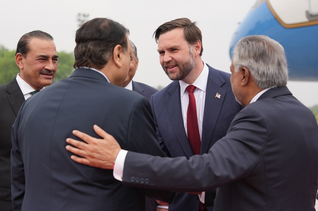 Vice President JD Vance shakes hands with Pakastani officials after arriving in Islamabad, Pakistan, for talks with Iranian negotiators on April 11, 2026.