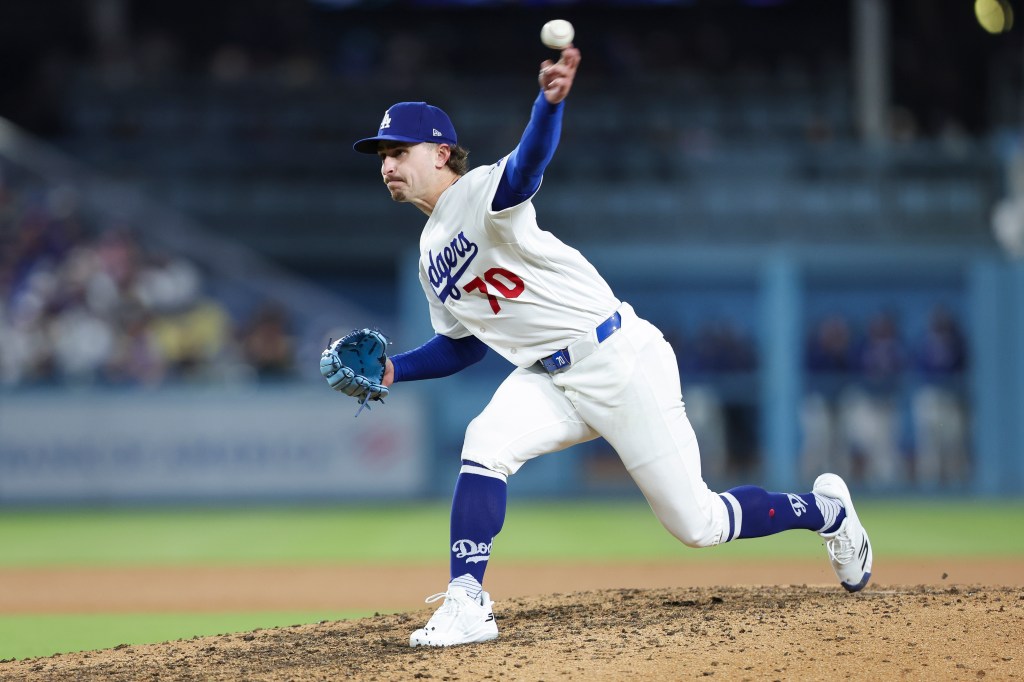Justin Wrobleski (70) throws to a New York Mets batter during the seventh inning of a baseball game, Monday, April 13, 2026.