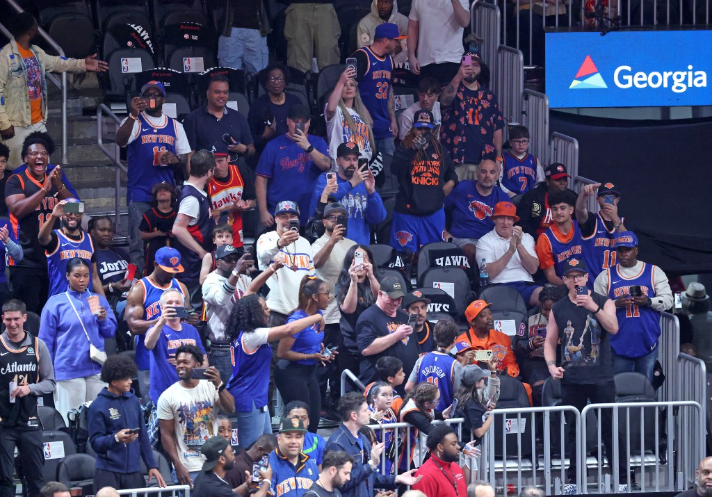 New York Knicks fans in the crowd during warm-ups at the State Farm Arena.
