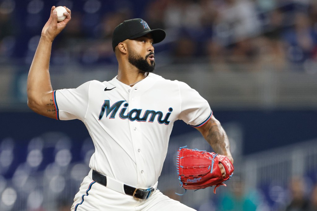 Sandy Alcantara #22 of the Miami Marlins delivers during the seventh inning against the Cincinnati Reds at loanDepot park on April 07, 2026 in Miami, Florida. 