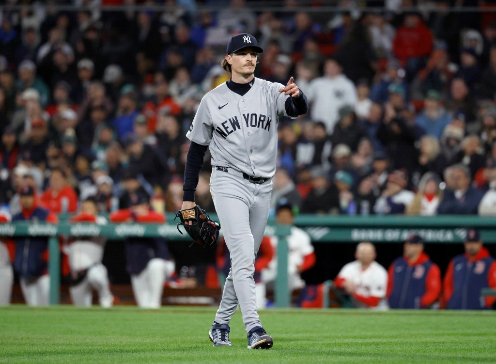 New York Yankees pitcher Max Fried (54) reacts after getting Boston Red Sox shortstop Andruw Monasterio (32) to ground out ending the sixth inning.
