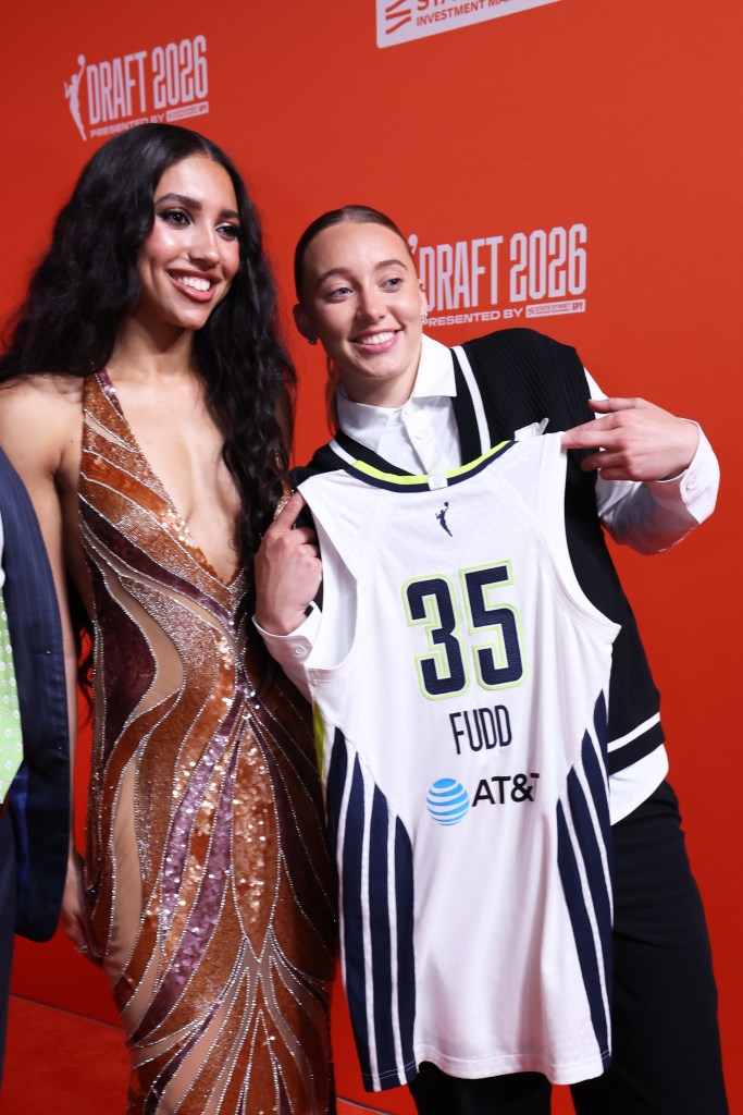Azzi Fudd and Paige Bueckers poses for a photo on the orange carpet during the 2026 WNBA draft on April 13, 2026.