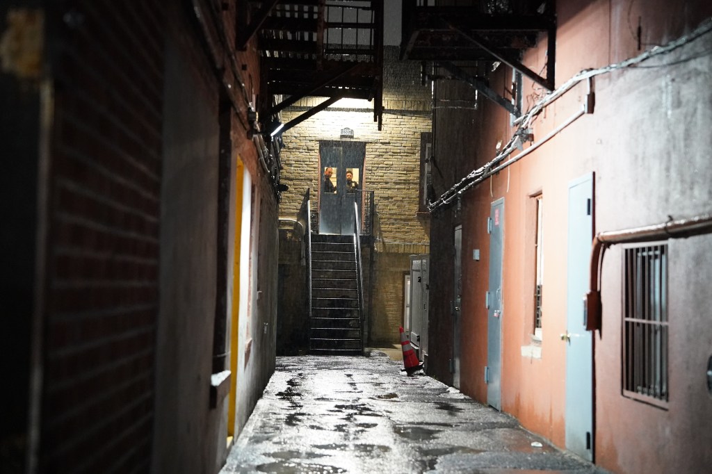 Alley at 1337 Beach Avenue with a fire escape and two figures looking out from a doorway.
