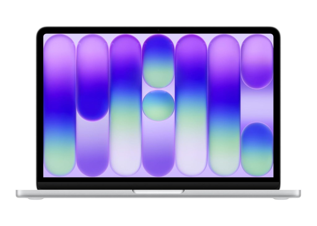 Illustration of a silver laptop with a screen displaying purple and green pill shapes.