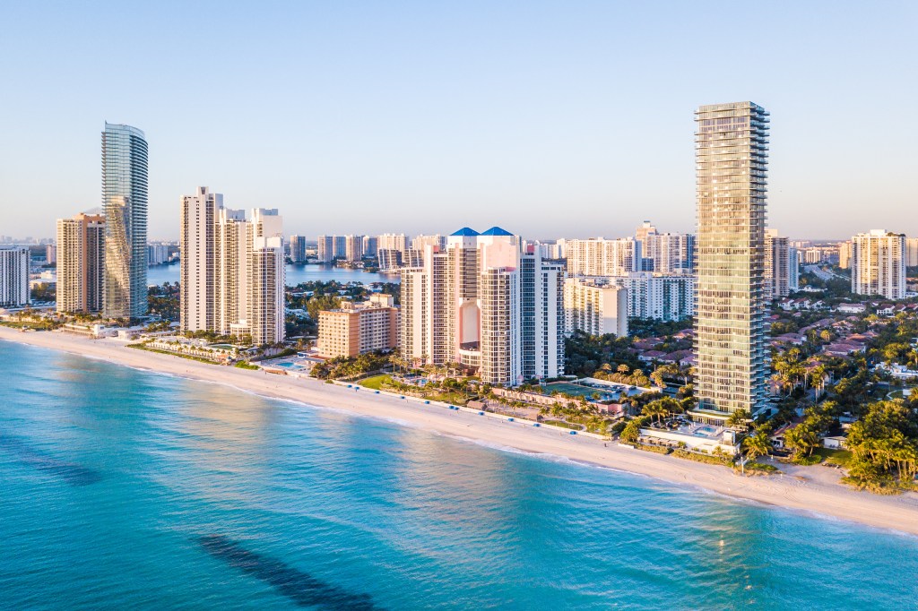 Aerial panorama of the skyline at the waterfront of South Florida.