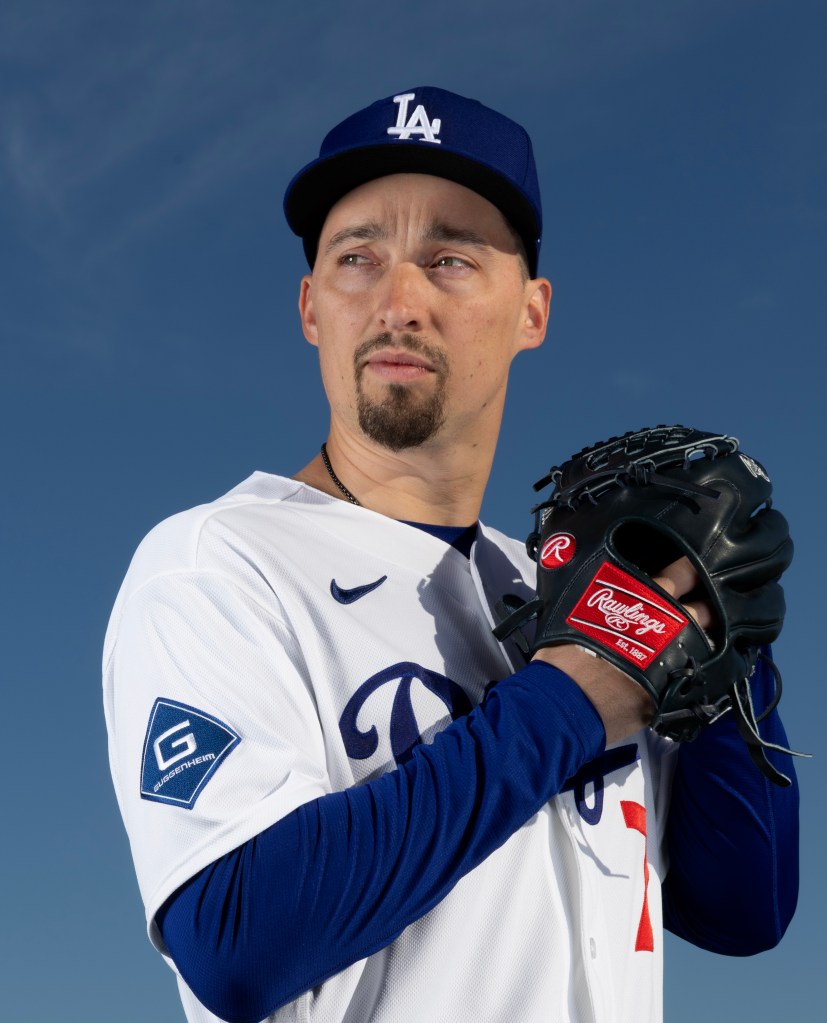 Los Angeles Dodgers player Joe Kelly poses at Camelback Ranch in Phoenix, Arizona.