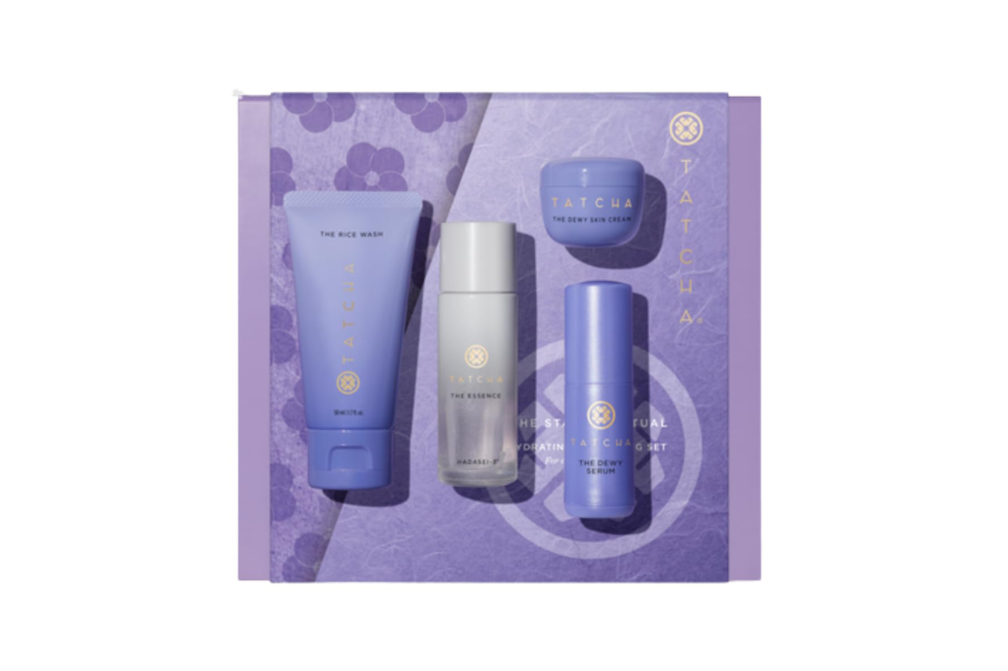 Tatcha Starter Set with The Rice Wash, The Essence, The Dewy Skin Cream, and The Dewy Serum.